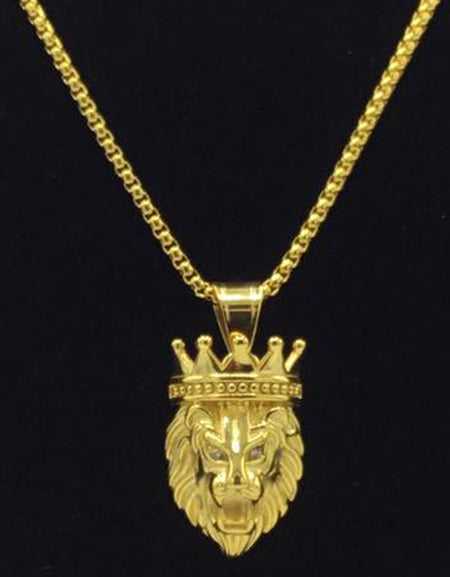 18K Gold Stainless Steel Box Chain with Crowned Lion Cubic Zirconia Eyes