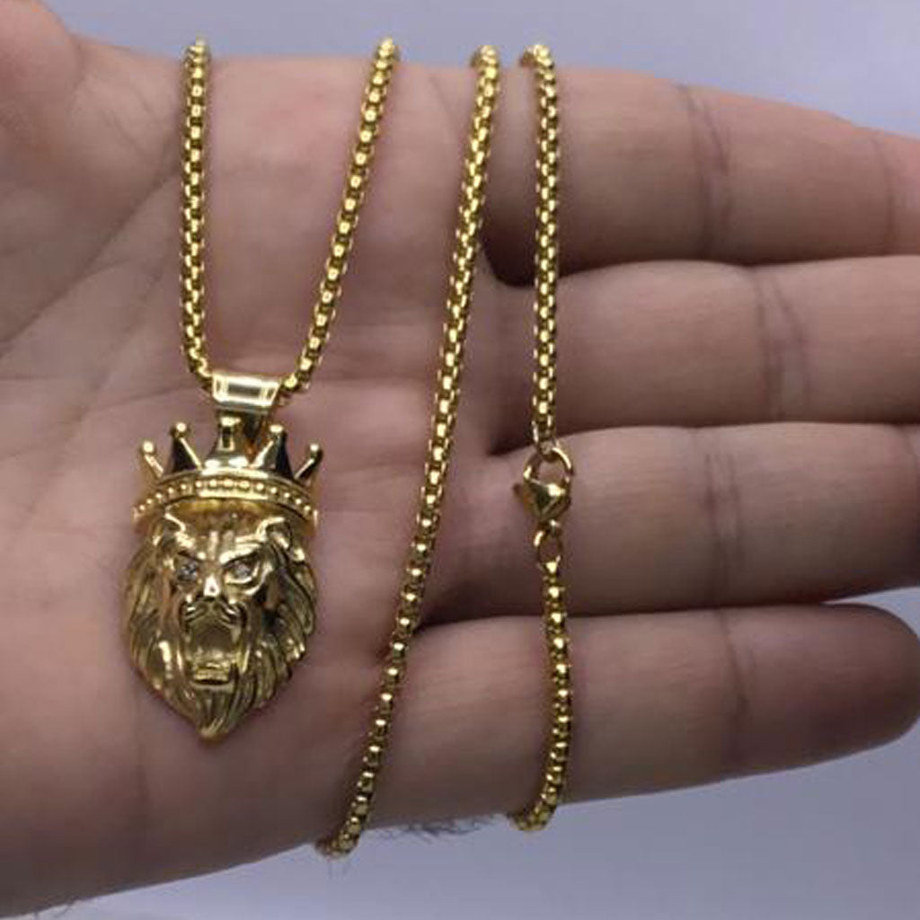 18K Gold Stainless Steel Box Chain with Crowned Lion Cubic Zirconia Eyes