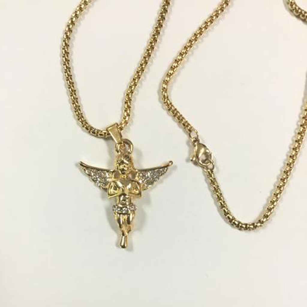 Gold plated Box Necklace Stainless Steel with Cubic Zirconia Angel Pendant