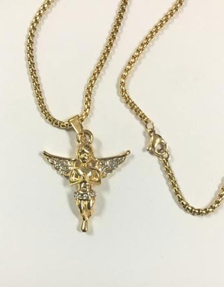 Gold plated Box Necklace Stainless Steel with Cubic Zirconia Angel Pendant