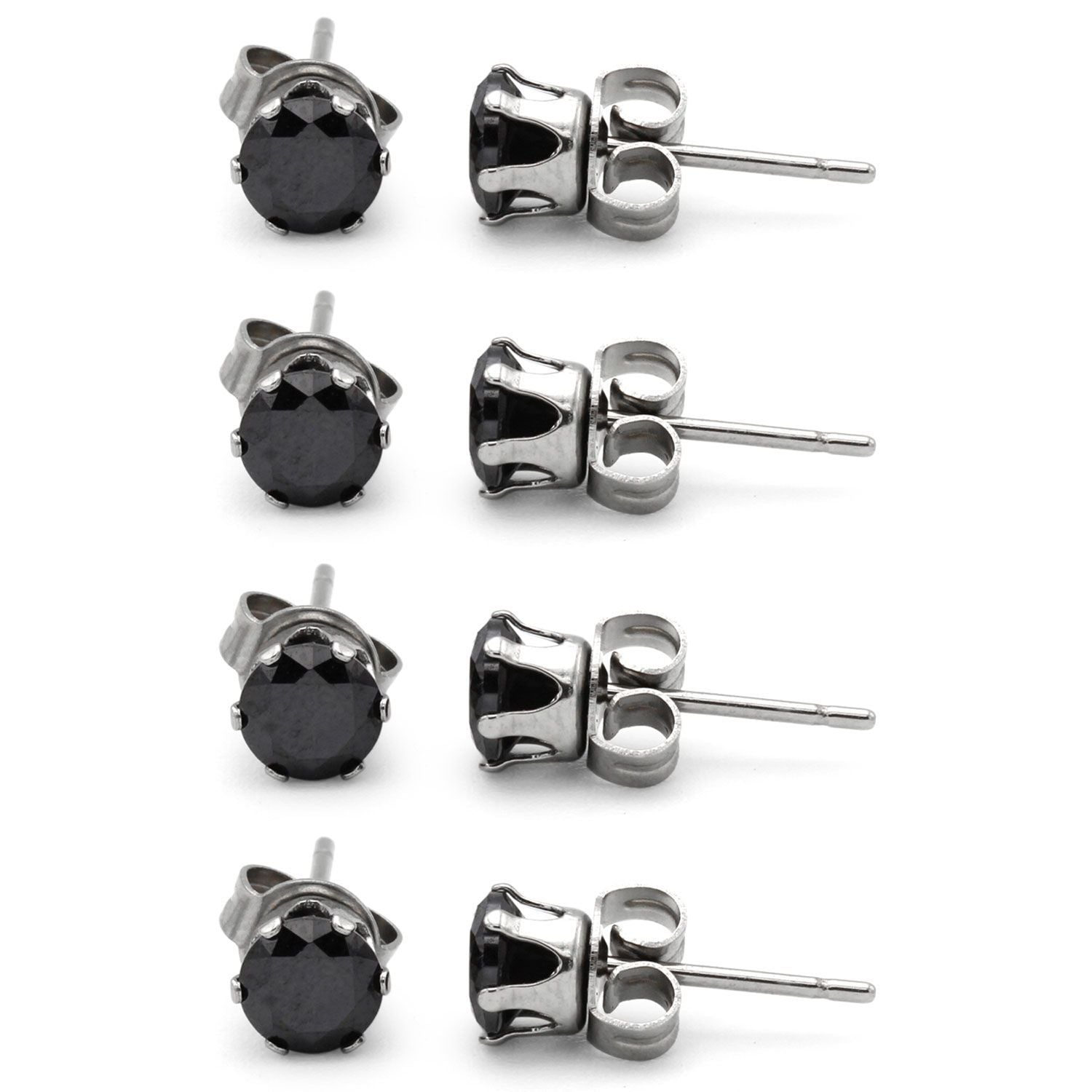 Cubic Zirconia Round Black Stud Earrings Set Of 4 Stainless Steel Jewelry Men Women