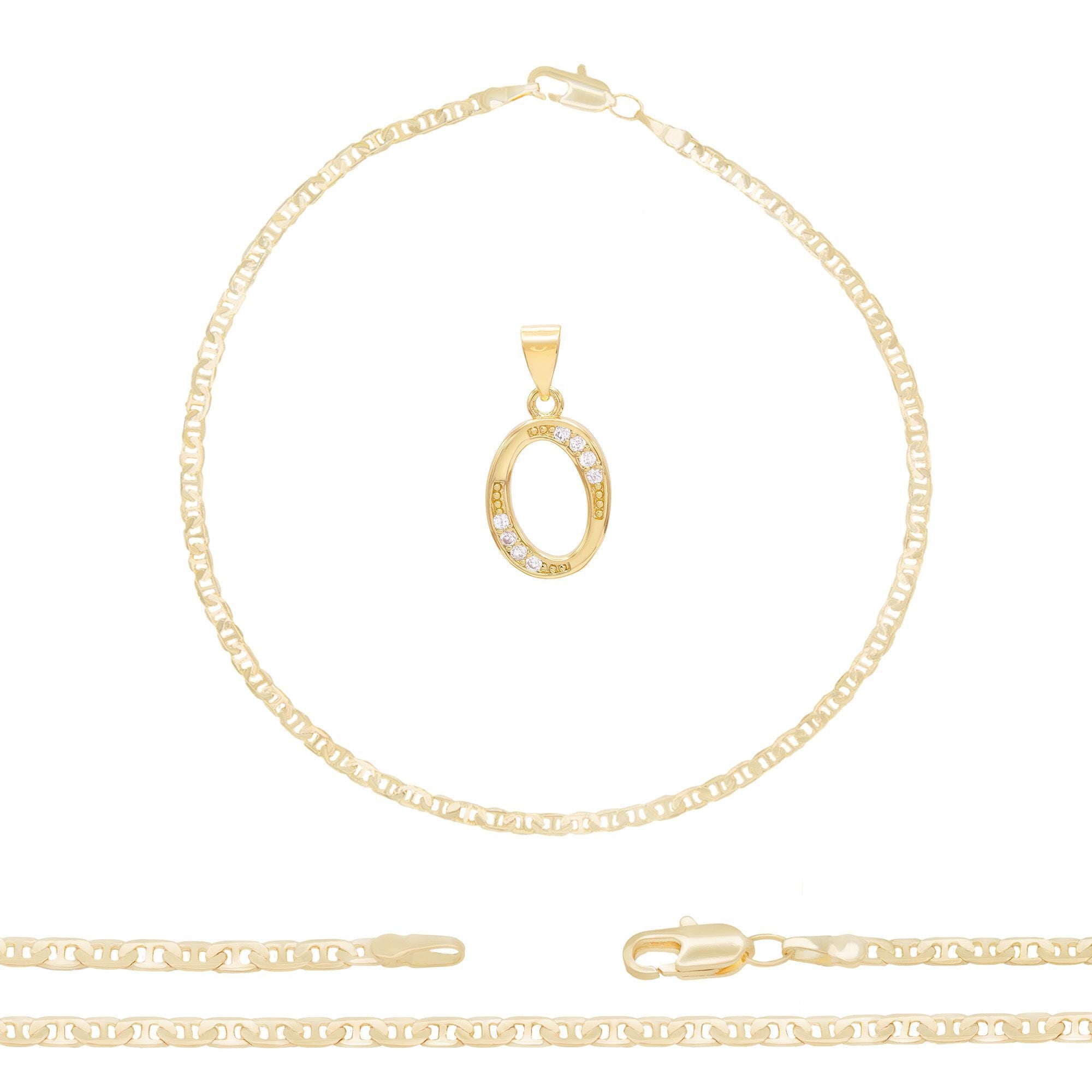 A-Z Initial Letter Pendant 14K Gold Filled Cubic Zirconia Mariner Chain Anklet 10" Set 3 mm  Women Jewelry