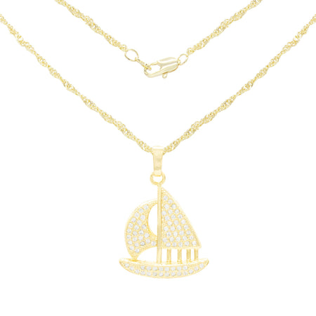 Cubic Zirconia Sail Boat Pendant 14K Gold Filled Necklace Set