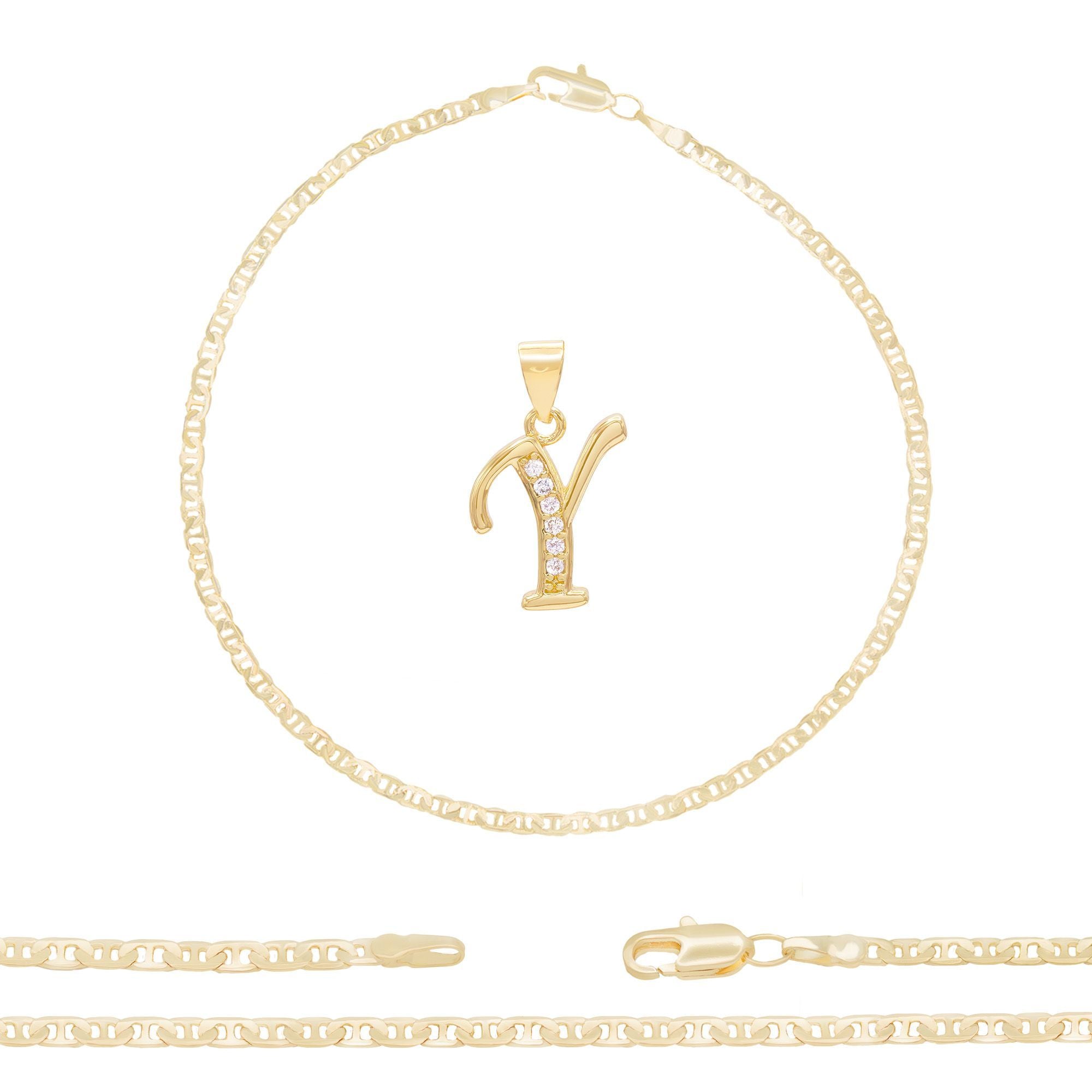 A-Z Initial Letter Pendant 14K Gold Filled Cubic Zirconia Mariner Chain Anklet 10" Set 3.2 mm  Women Jewelry