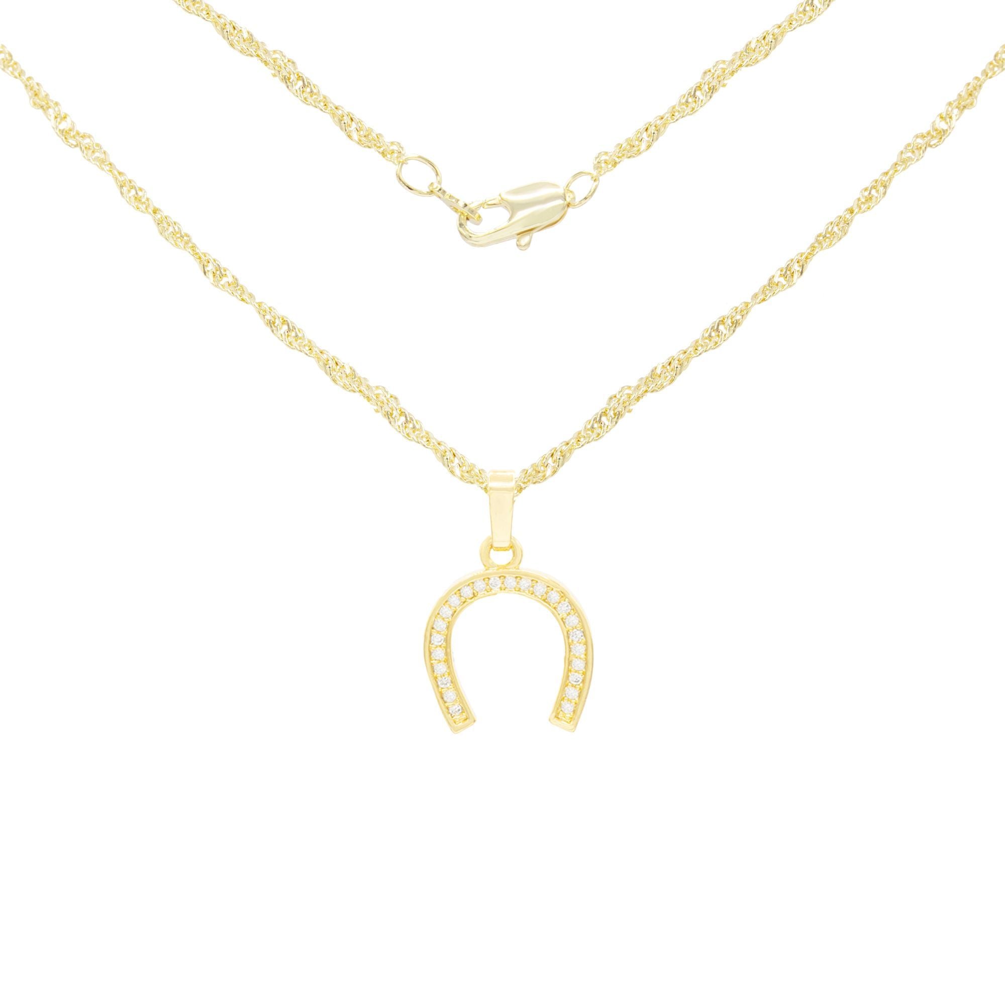 Horse Shoe Cubic Zirconia Pendant With Necklace Set 14K Gold Filled
