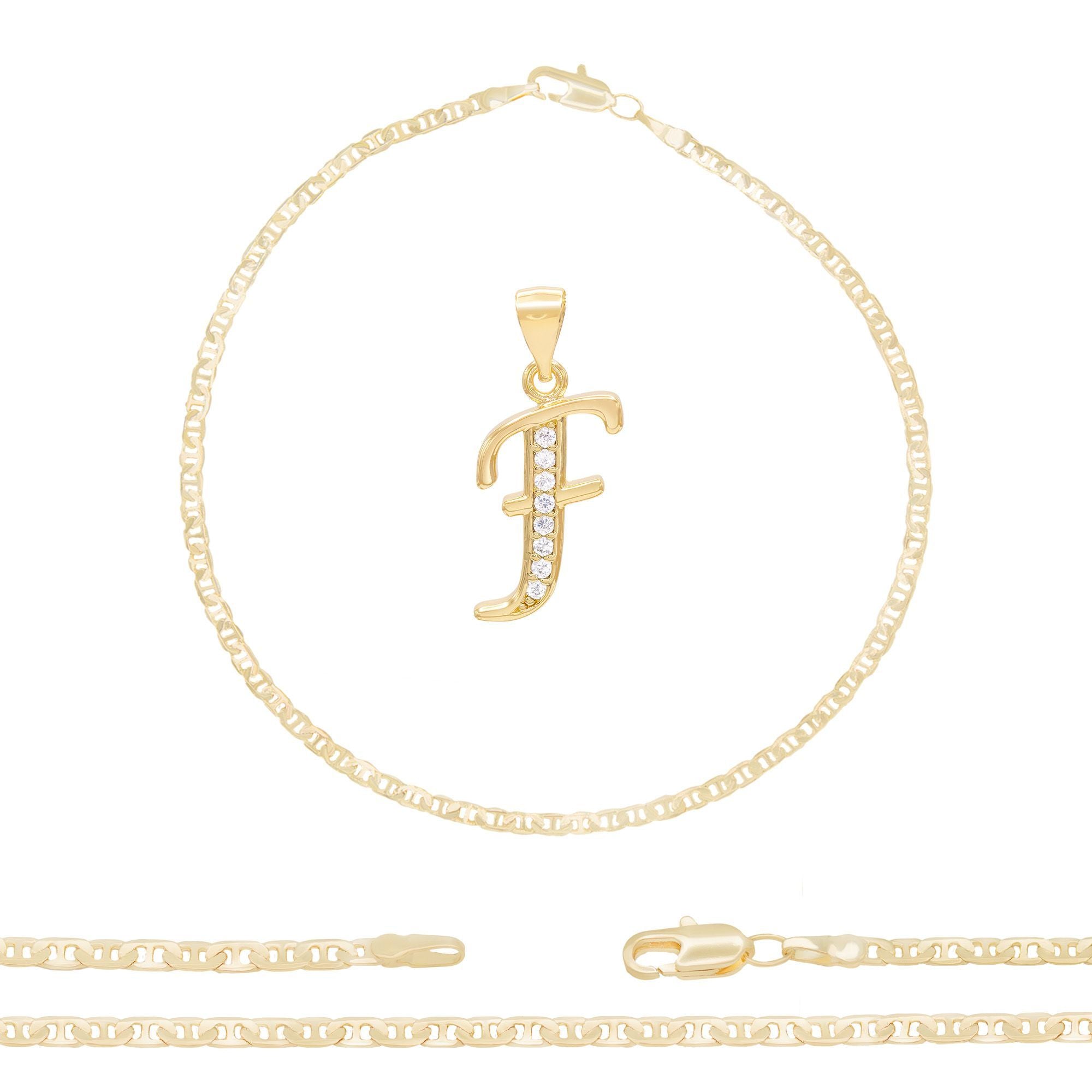 A-Z Initial Letter Pendant 14K Gold Filled Cubic Zirconia Mariner Chain Anklet 10" Set 3.2 mm  Women Jewelry
