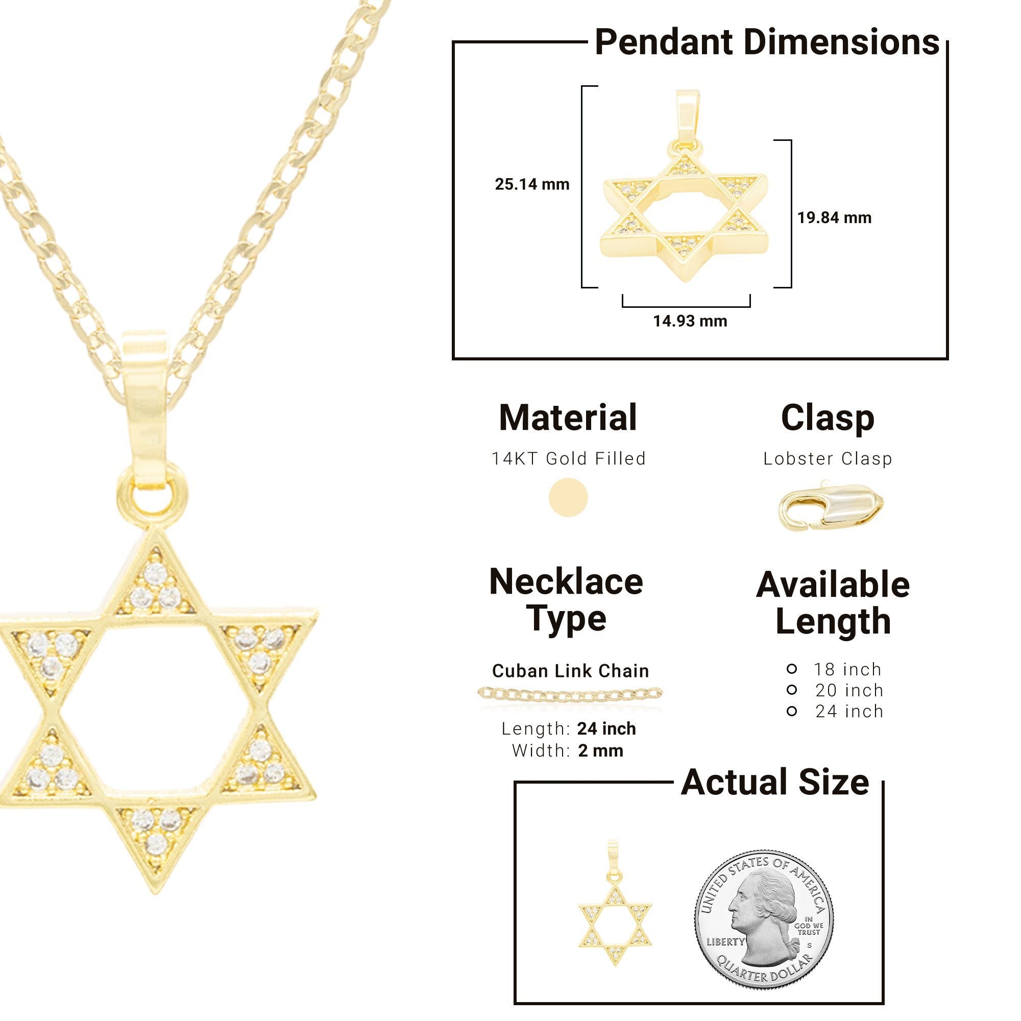 Cubic Zirconia Star Of David Pendant 14K Gold Filled Necklace Set