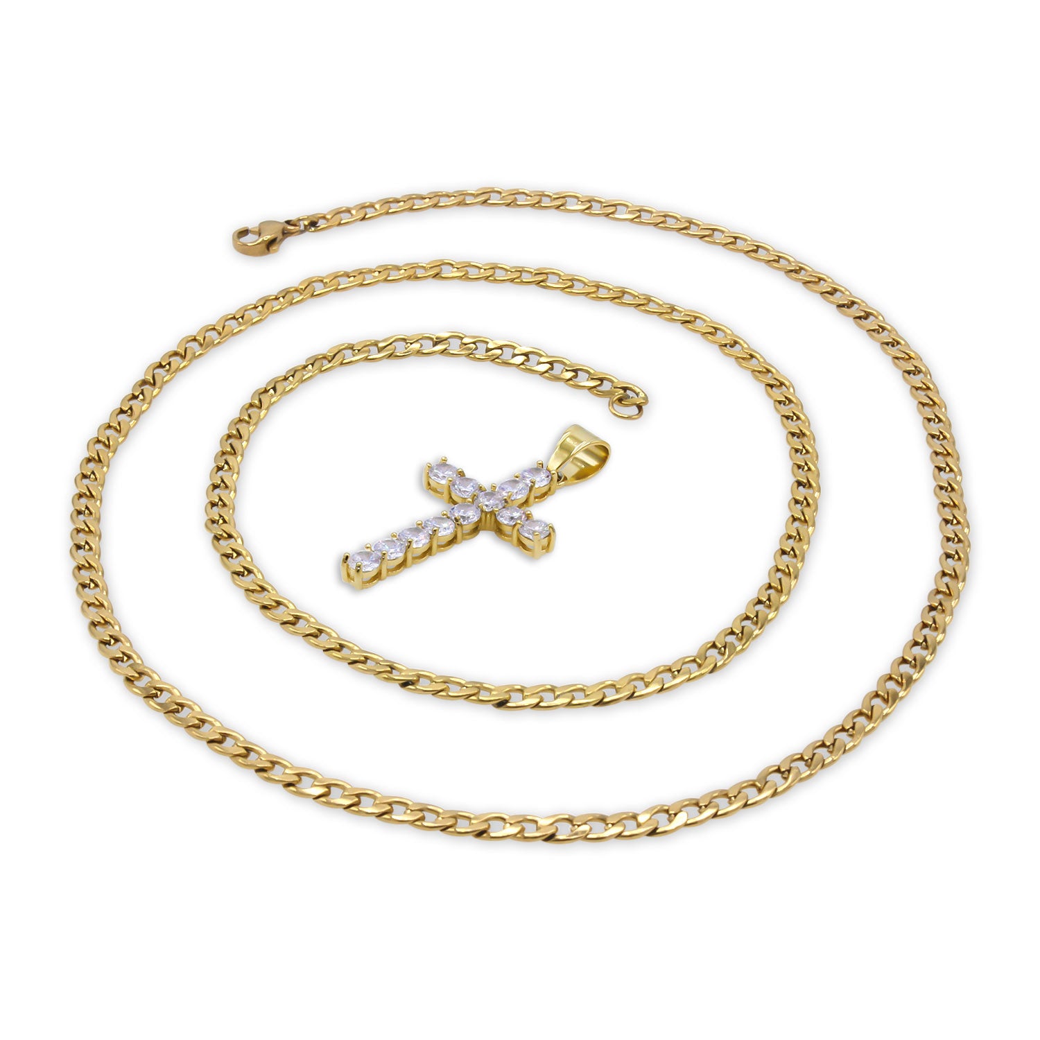 Cubic Zirconia Cross Pendant 14K Gold Plated Necklace Set
