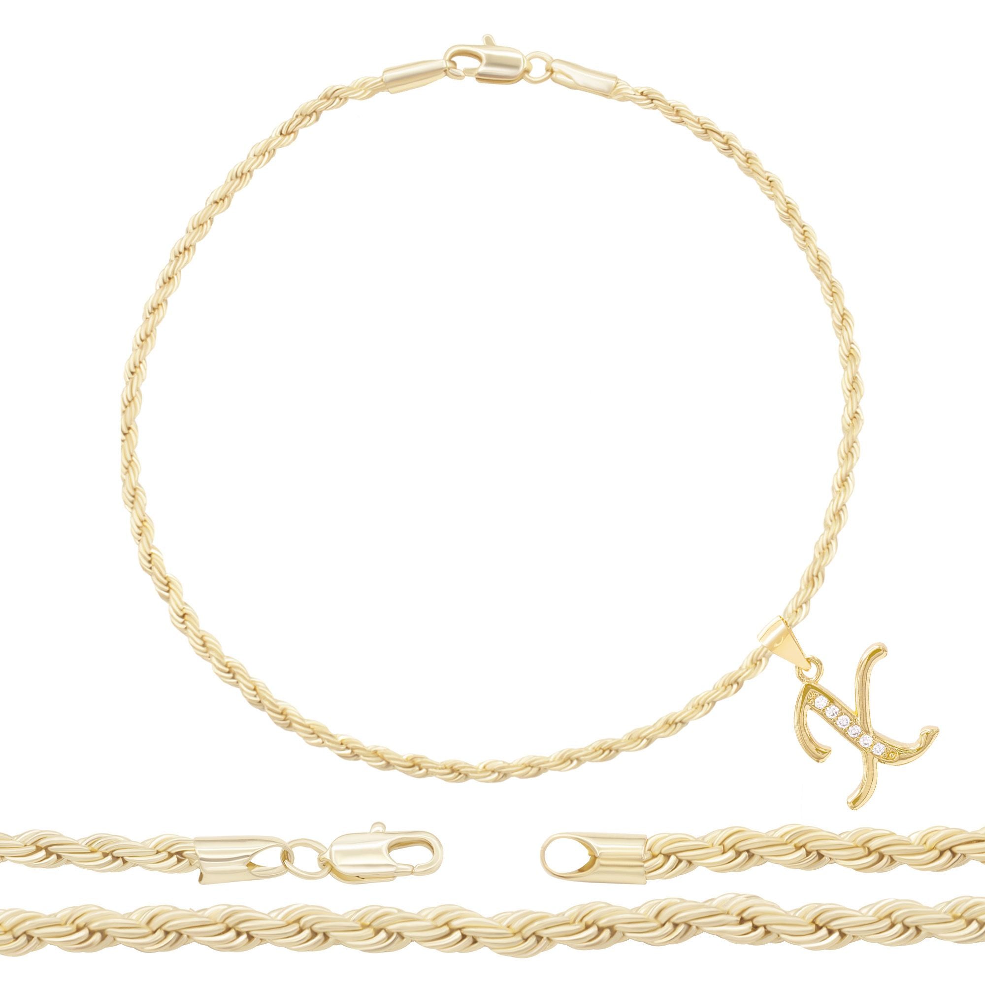 A-Z Initial Letter Pendant 14K Gold Filled Cubic Zirconia Rope Chain Anklet 10" Set 2.4 mm  Women Jewelry