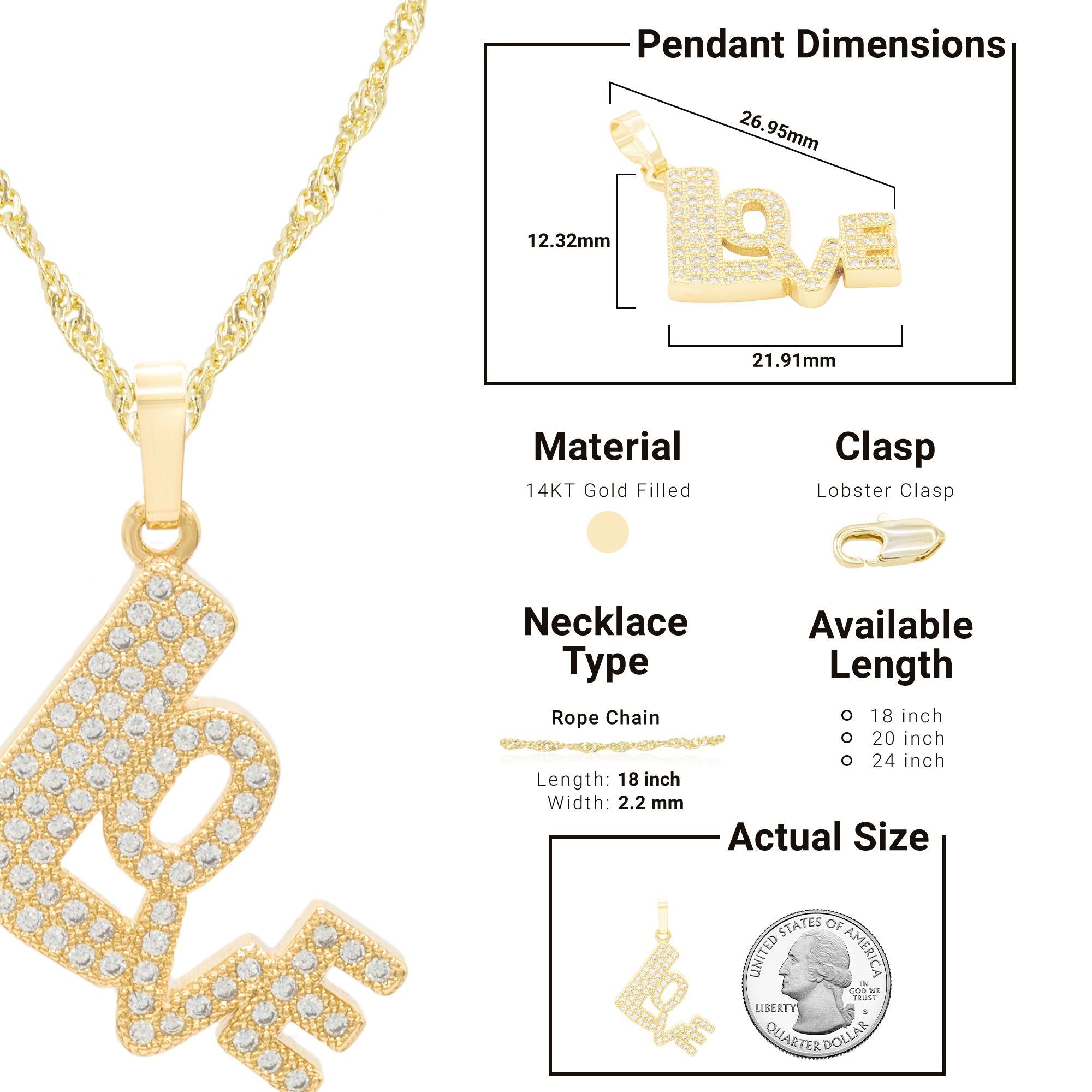 Cubic Zirconia 14K Gold Filled Love Pendant Necklace Set