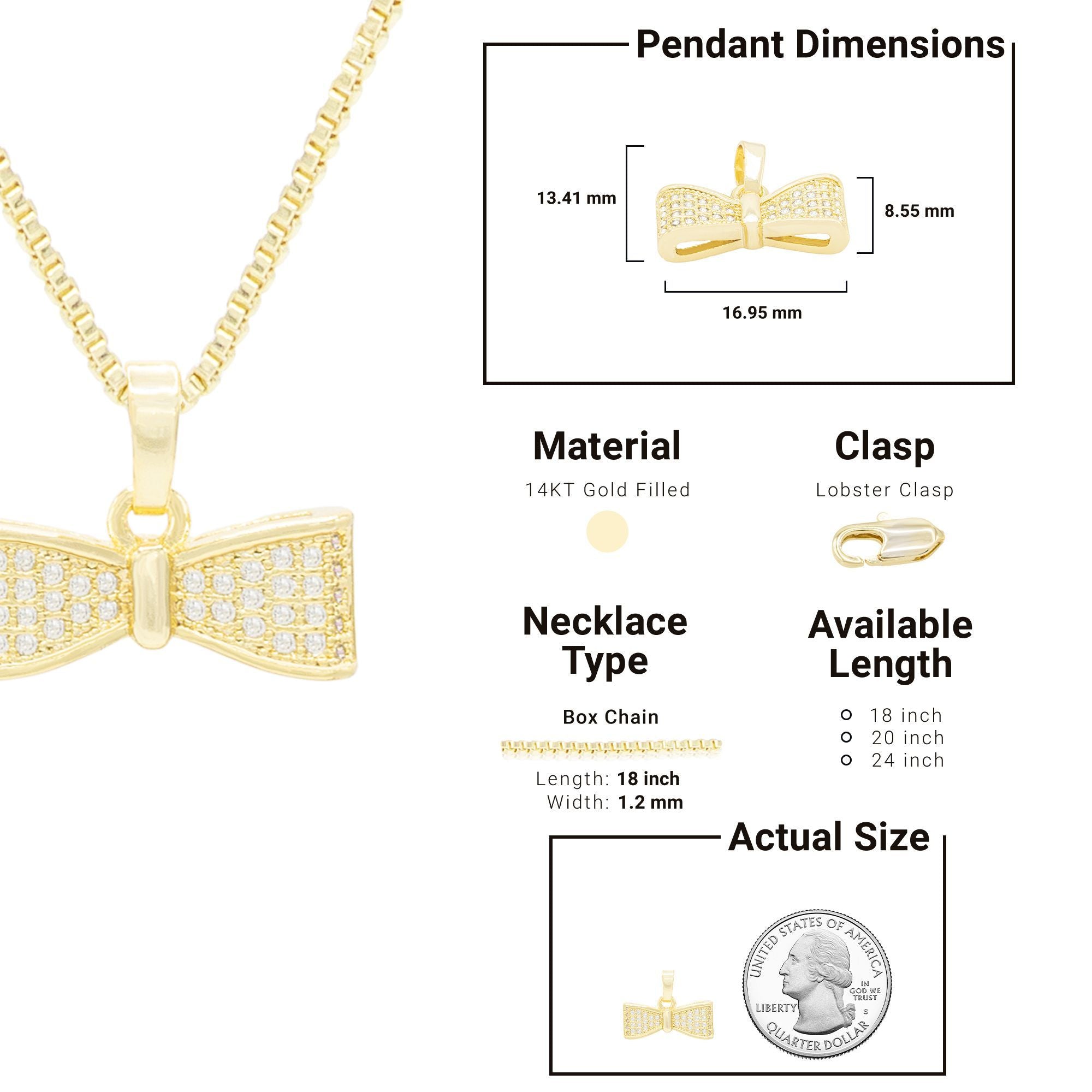 Cubic Zirconia Bow Tie Pendant 14K Gold Filled Necklace Set