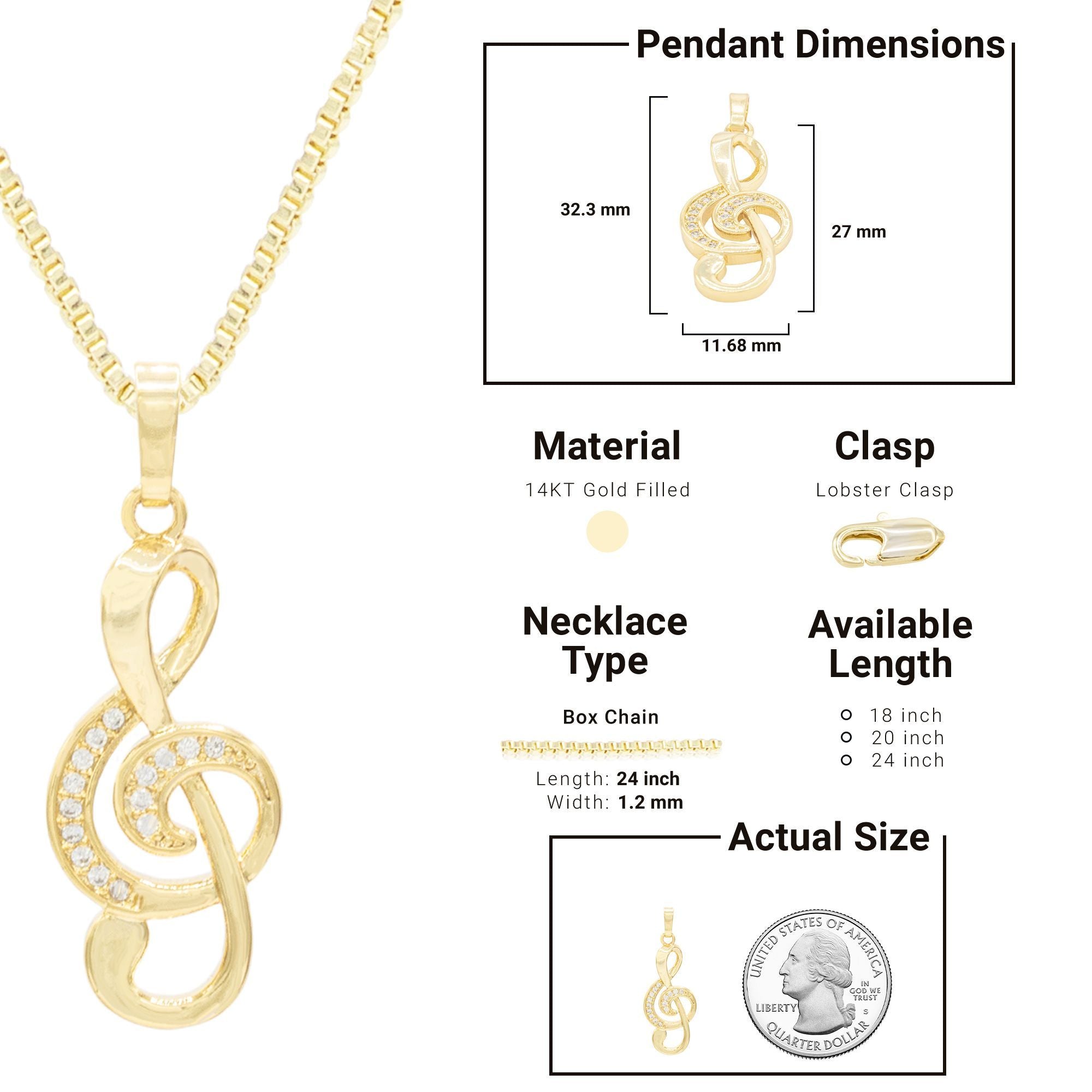 Cubic Zirconia 14K Gold Filled Music Note Pendant Necklace Set