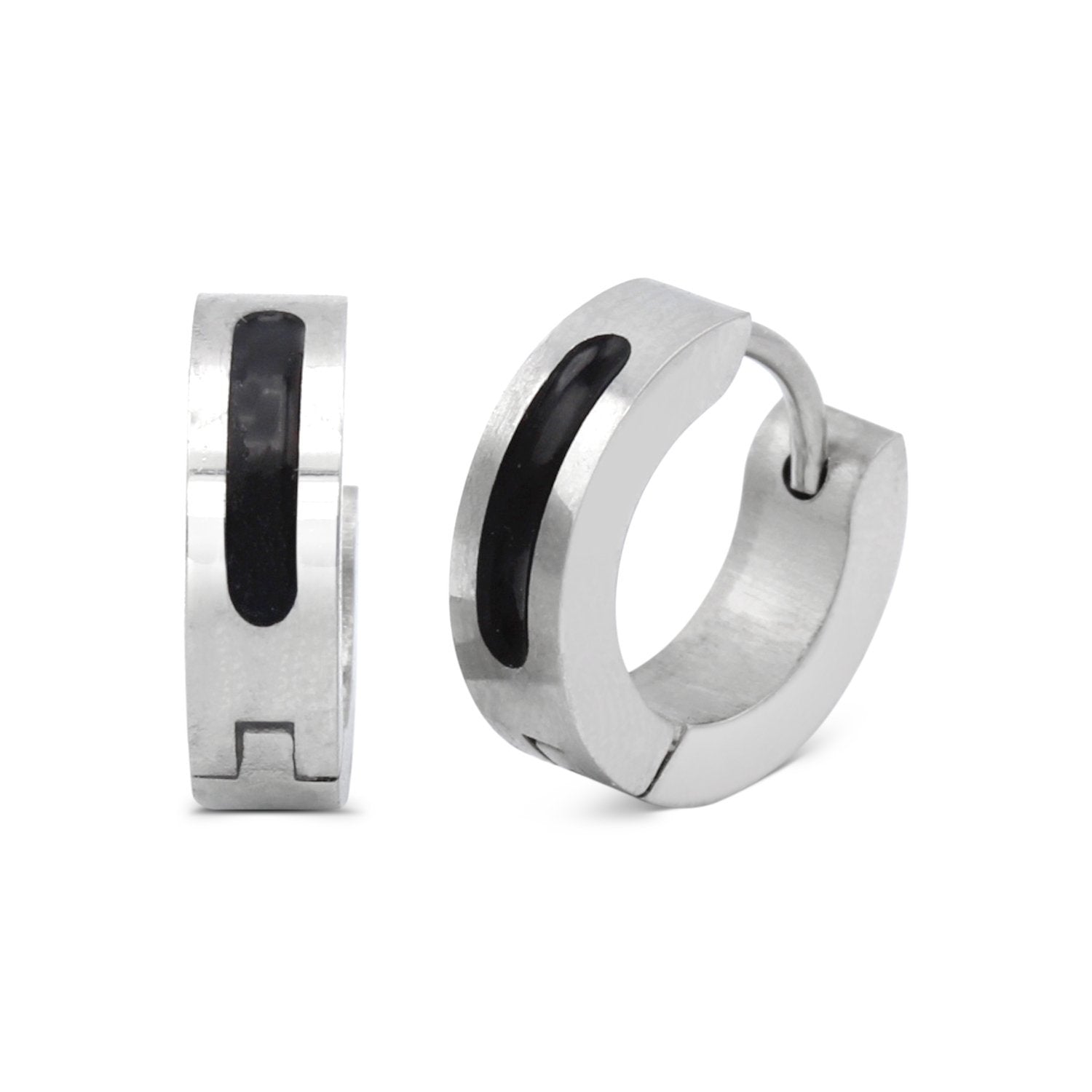 Huggie Hoop Stainless Steel Earrings with Black Design