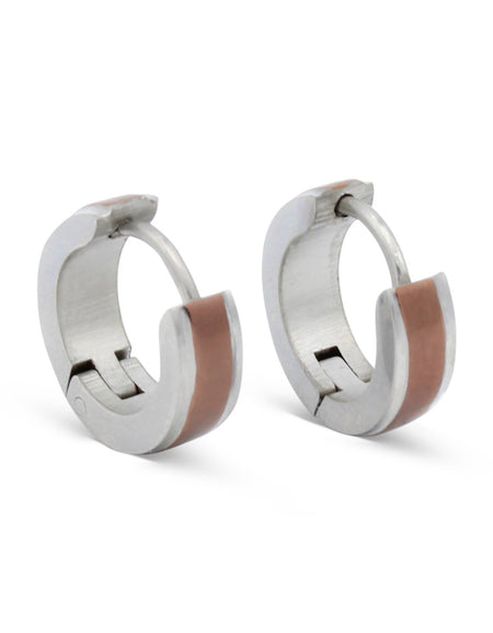 Huggie Hoop  Stainless Steel Earrings with Deep Rose Gold Stripes