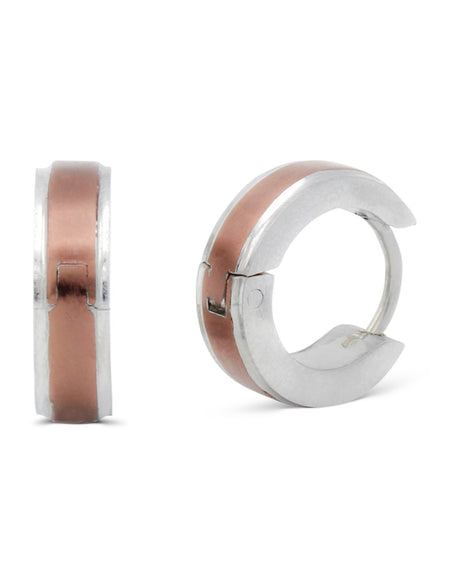 Huggie Hoop  Stainless Steel Earrings with Deep Rose Gold Stripes