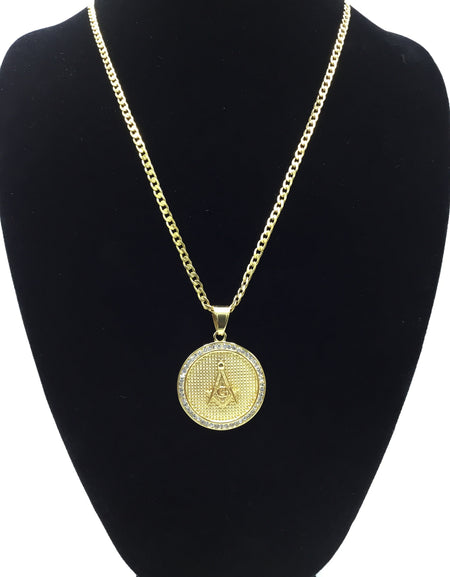 18k gold over stainless steel Medallion with Cubic Zirconia includes Cuban link chain set