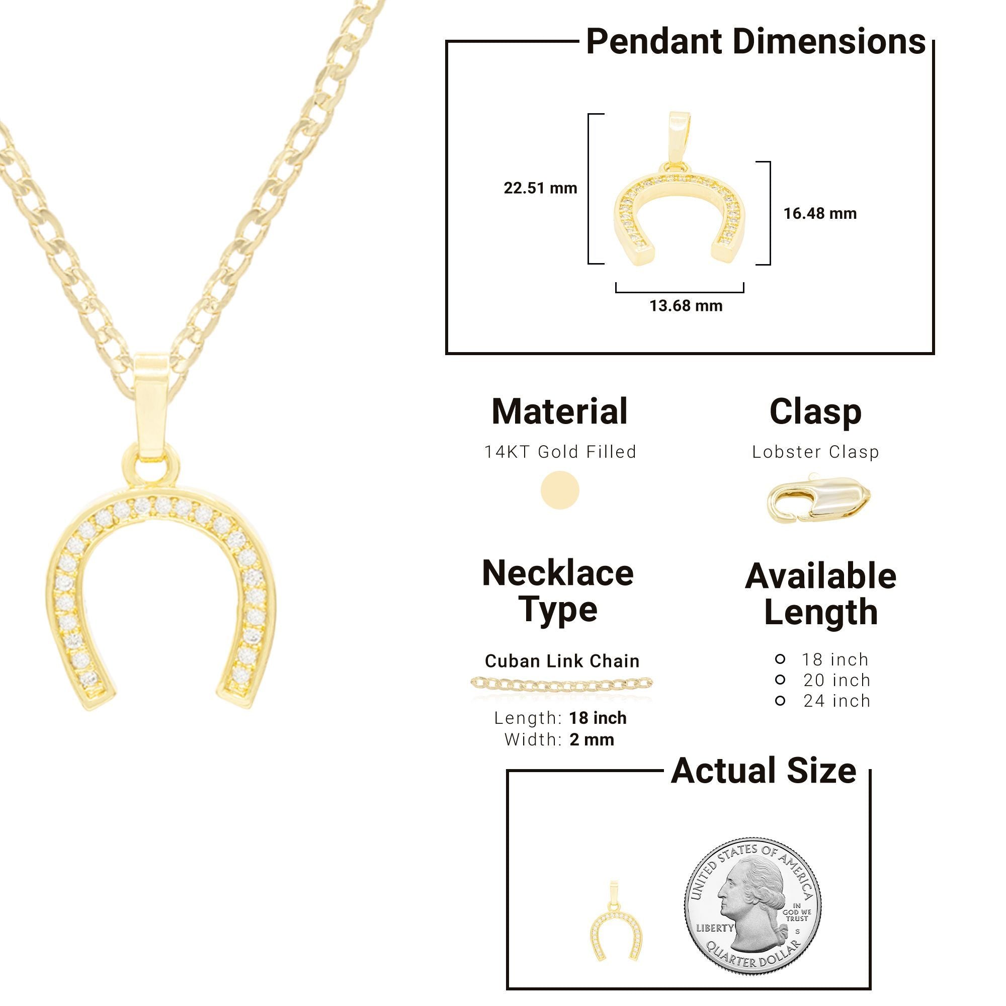 Horse Shoe Cubic Zirconia Pendant With Necklace Set 14K Gold Filled