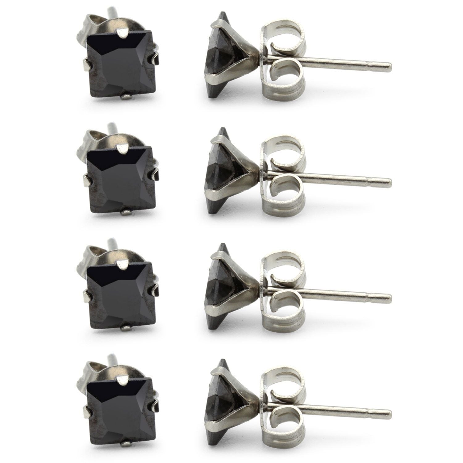Cubic Zirconia Square Black Stud Earrings Set Of 4 Stainless Steel Jewelry Men Women