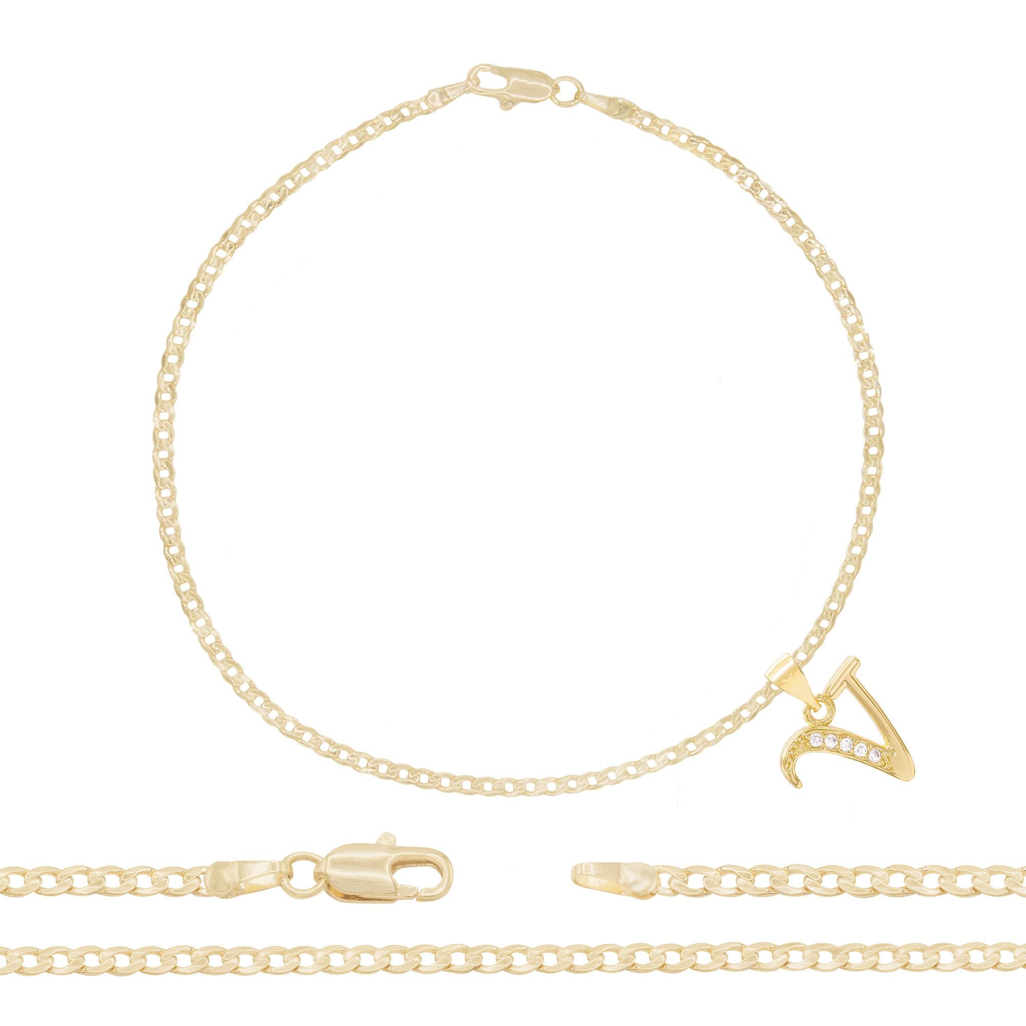A-Z Initial Letter Pendant 14K Gold Filled Cubic Zirconia Curb Chain Anklet 10" Set 2.5 mm  Women Jewelry