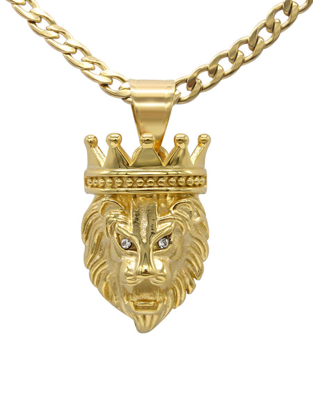 Lion Pendant Set Cubic Zirconia 14K Gold Plated Stainless Steel