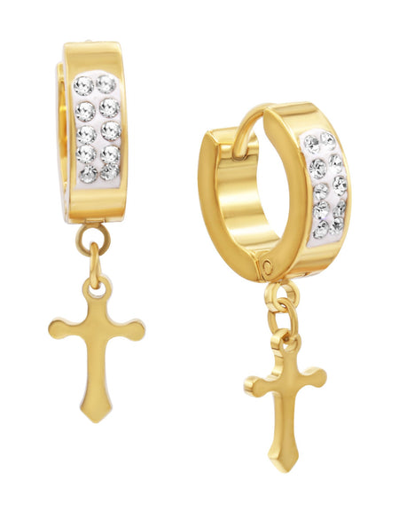 Cubic Zirconia Cross Pendant Huggie Hoops 14K Gold Plated Silver Black Earrings