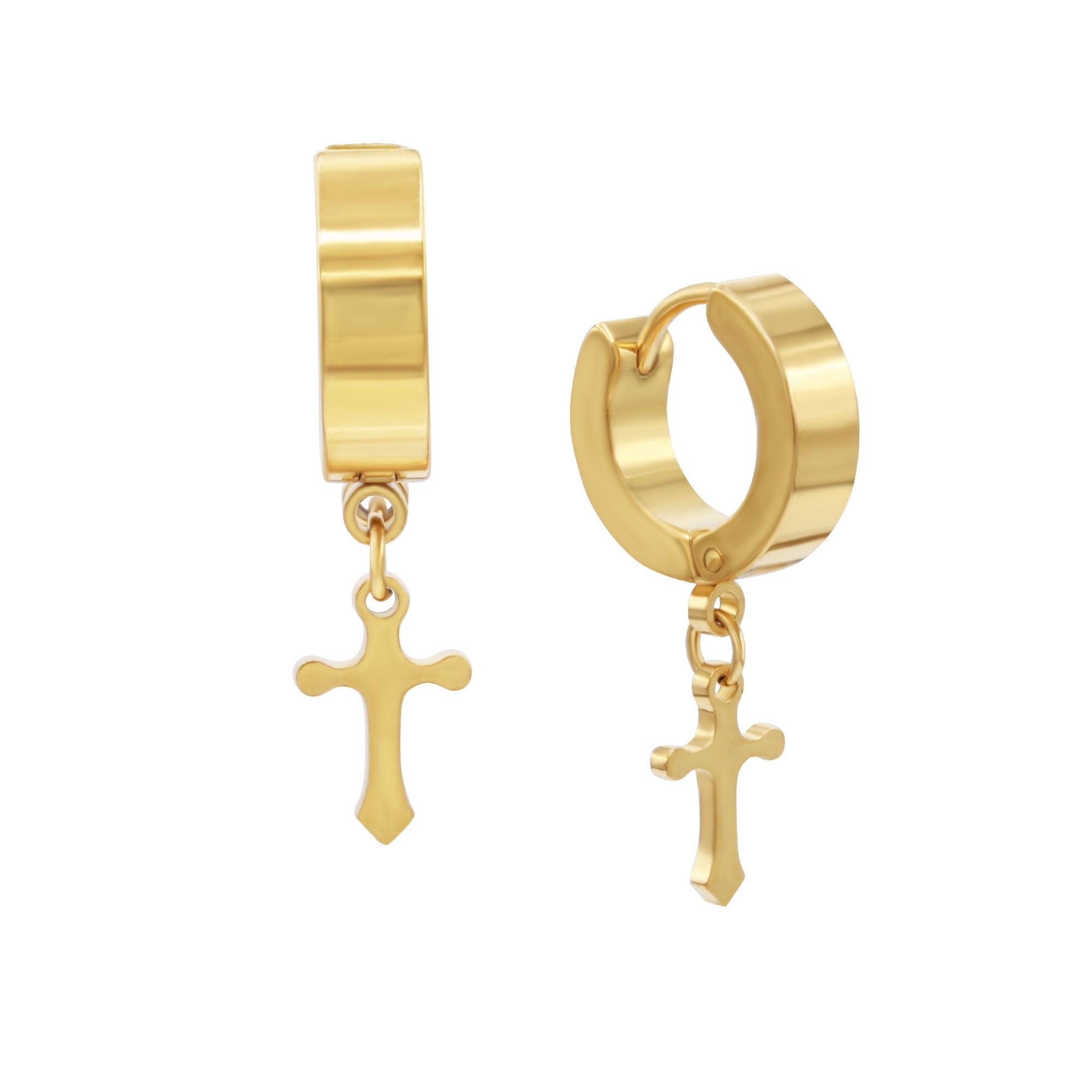 Stainless Steel Cross Hoop Huggie Earrings For Men Women - 4x9mm, Hinged Closure (PE30)