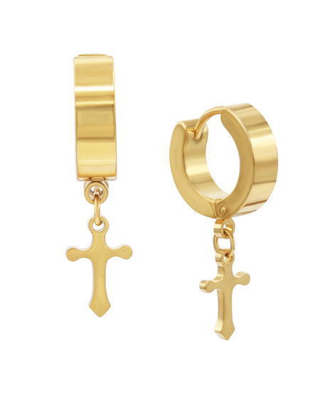 Cross Pendant Huggie Hoops 14K Gold Plated Silver Black Earrings