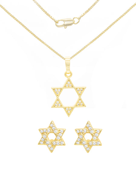 Cubic Zirconia Satr Of David Pendant 14K Gold Filled Box Necklace Stud Earrings Jewelry Set 