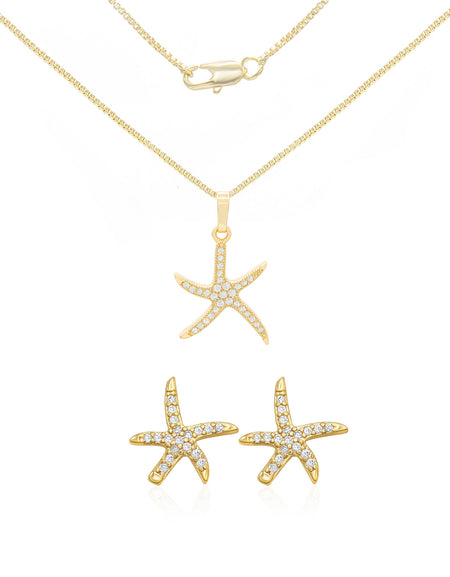 Cubic Zirconia Starfish Pendant 14K Gold Filled Box Necklace Stud Earrings Jewelry Set 