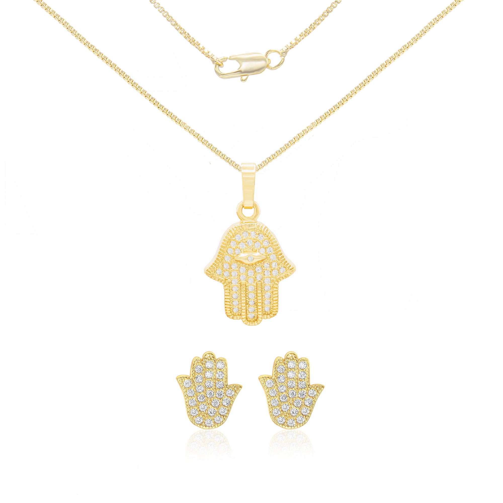 Cubic Zirconia Hamsa Hand Pendant 14K Gold Filled Box Necklace Stud Earrings Jewelry Set 