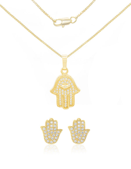 Cubic Zirconia Hamsa Hand Pendant 14K Gold Filled Box Necklace Stud Earrings Jewelry Set 