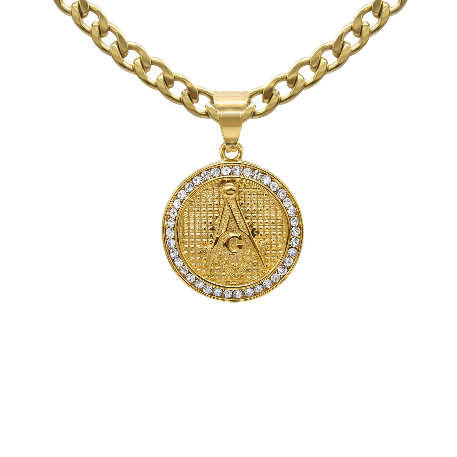 Masonic Pendant Cubic Zirconia 14K Gold Plated Stainless Steel