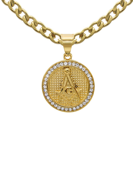 Masonic Pendant Cubic Zirconia 14K Gold Plated Stainless Steel