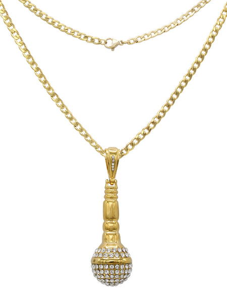 Microphone Cubic Zirconia Pendant with Necklace Set 14K Gold Plated Stainless Steel