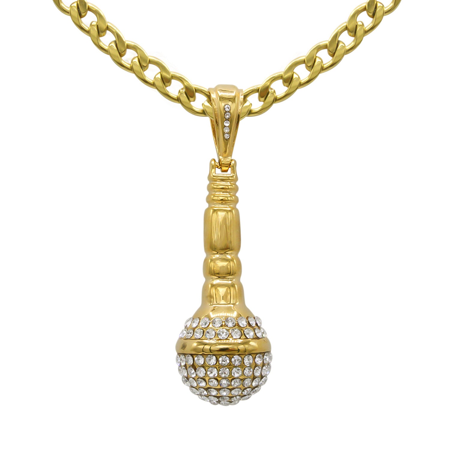 Microphone Cubic Zirconia Pendant with Necklace Set 14K Gold Plated Stainless Steel