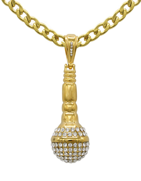Microphone Cubic Zirconia Pendant with Necklace Set 14K Gold Plated Stainless Steel