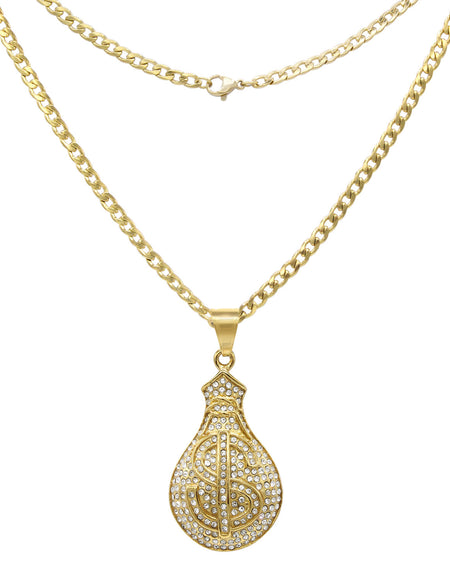 Money Cubic Zirconia Pendant with Necklace Set 14K Gold Plated Stainless Steel