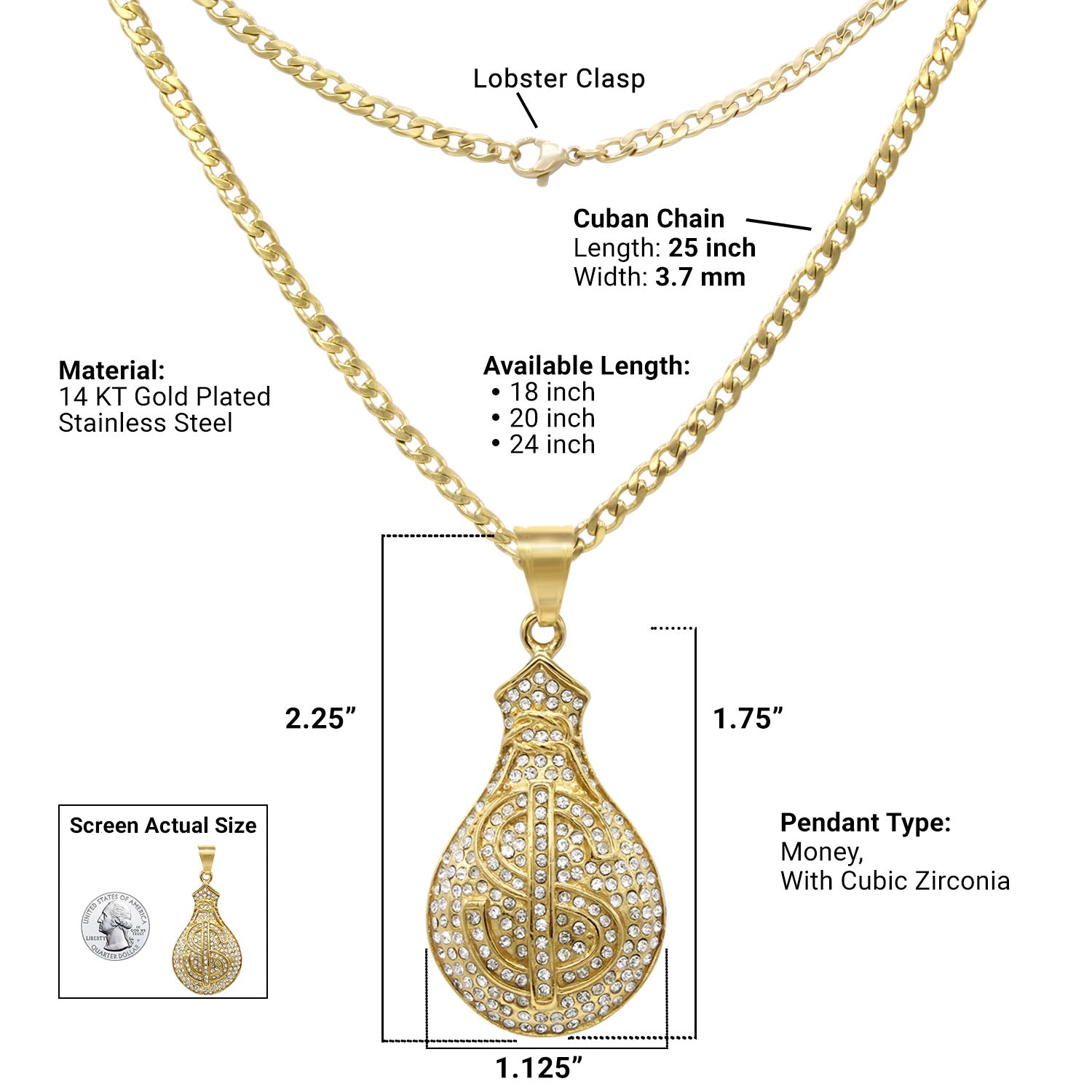 Money Cubic Zirconia Pendant with Necklace Set 14K Gold Plated Stainless Steel