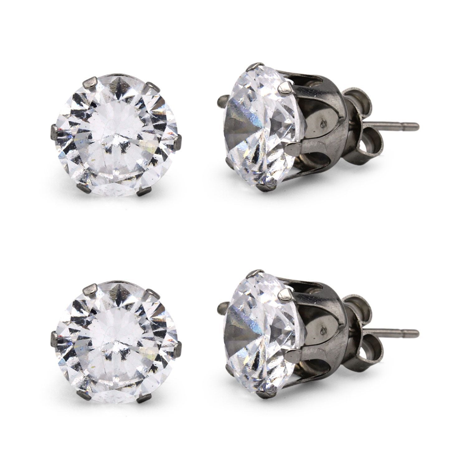 Cubic Zirconia Round Silver Stud Earrings Set Of 2 Stainless Steel Jewelry Men Women