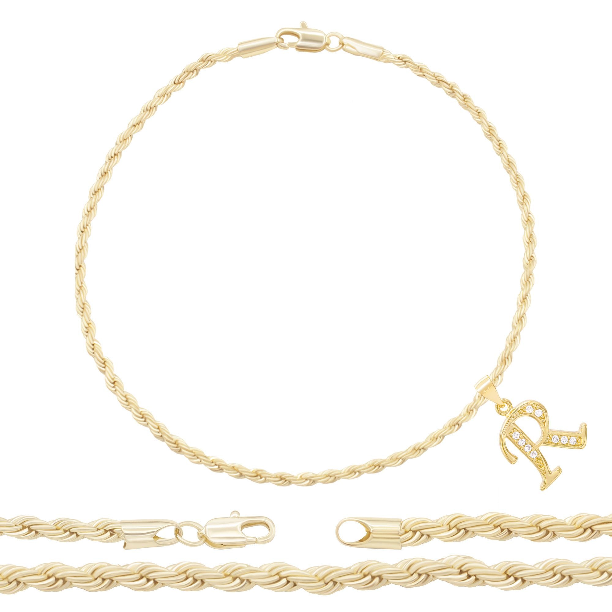 A-Z Initial Letter Pendant 14K Gold Filled Cubic Zirconia Rope Chain Anklet 10" Set 2.4 mm  Women Jewelry