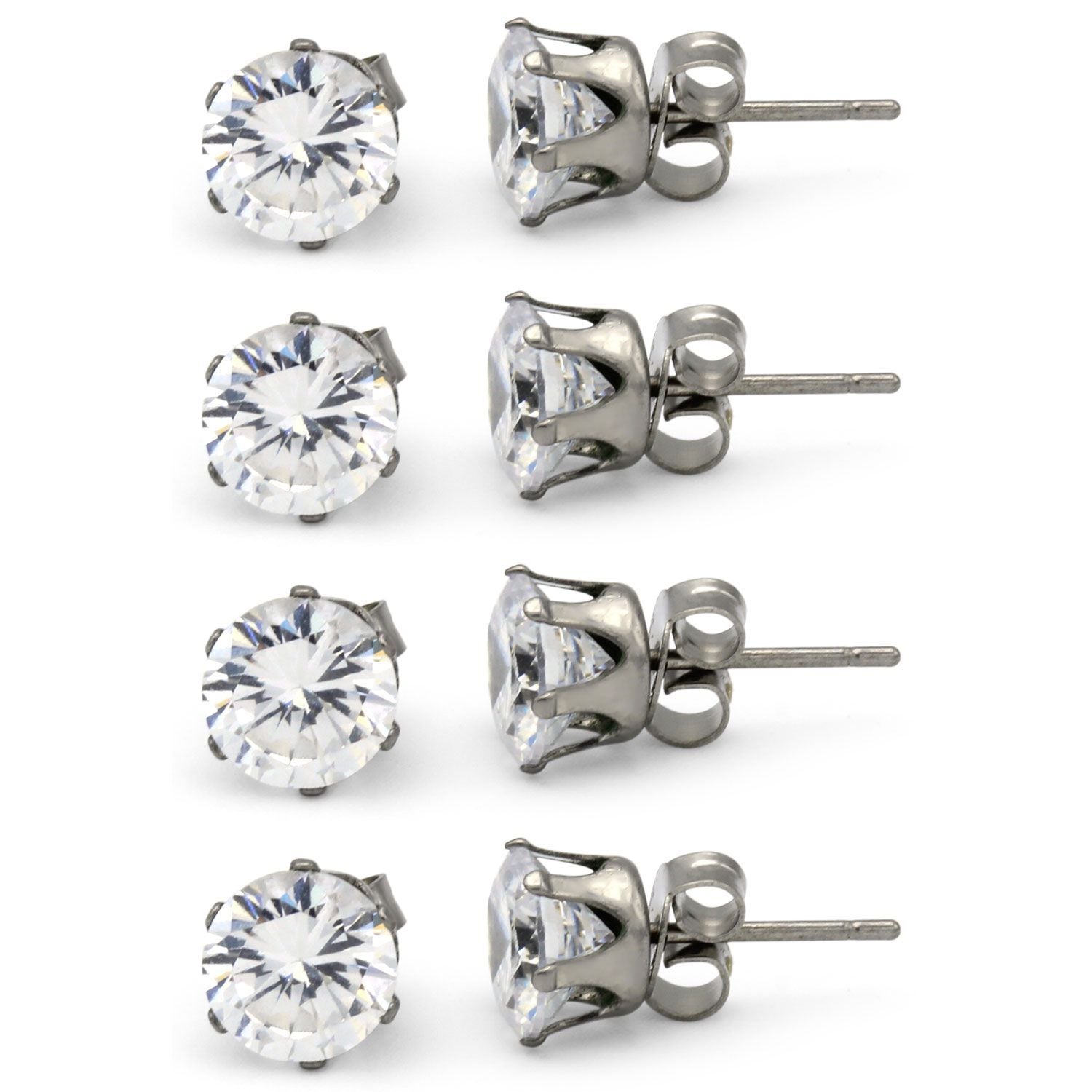 Cubic Zirconia Round Silver Stud Earrings Set Of 4 Stainless Steel Jewelry Men Women