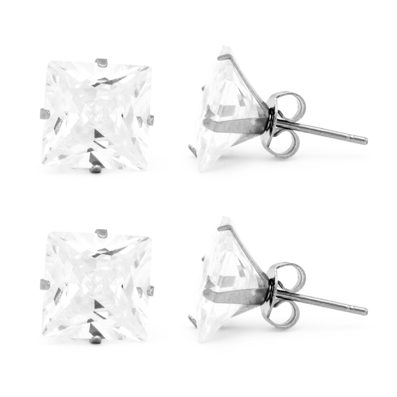 Cubic Zirconia Square Silver Stud Earrings Set Of 2 Stainless Steel Jewelry Men Women
