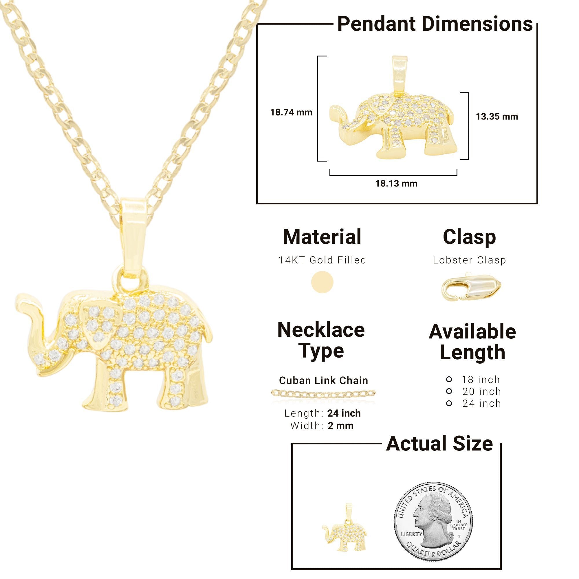 Elephant Cubic Zirconia Pendant With 14K Gold Filled Necklace Set
