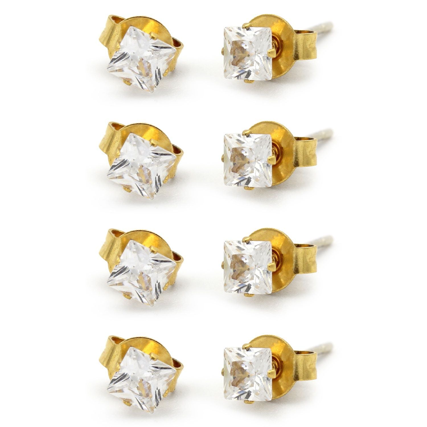 Cubic Zirconia Square 14K Gold Plated Stud Earrings Set Of 4 Stainless Steel Jewelry Men Women
