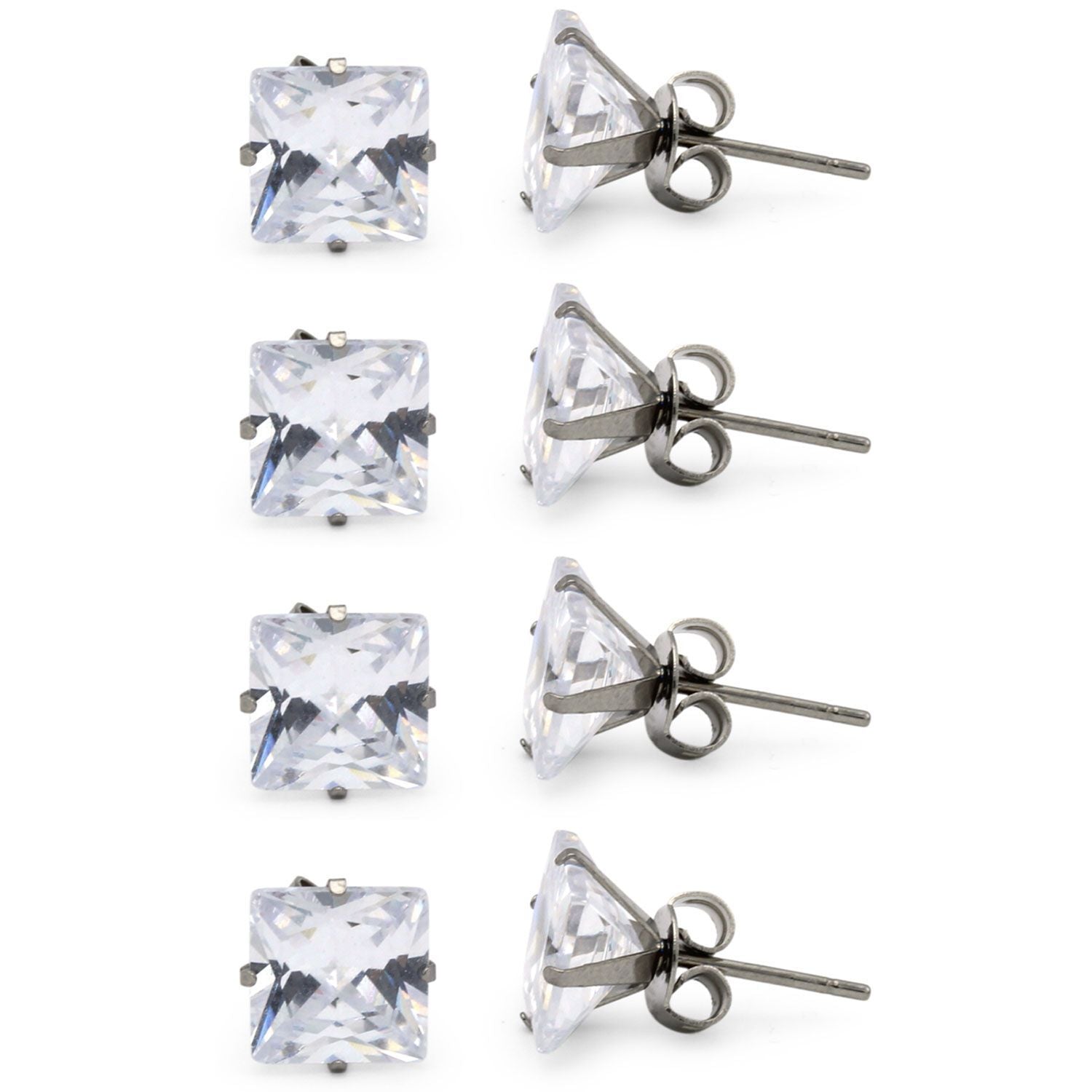Cubic Zirconia Square Silver Stud Earrings Set Of 4 Stainless Steel Jewelry Men Women