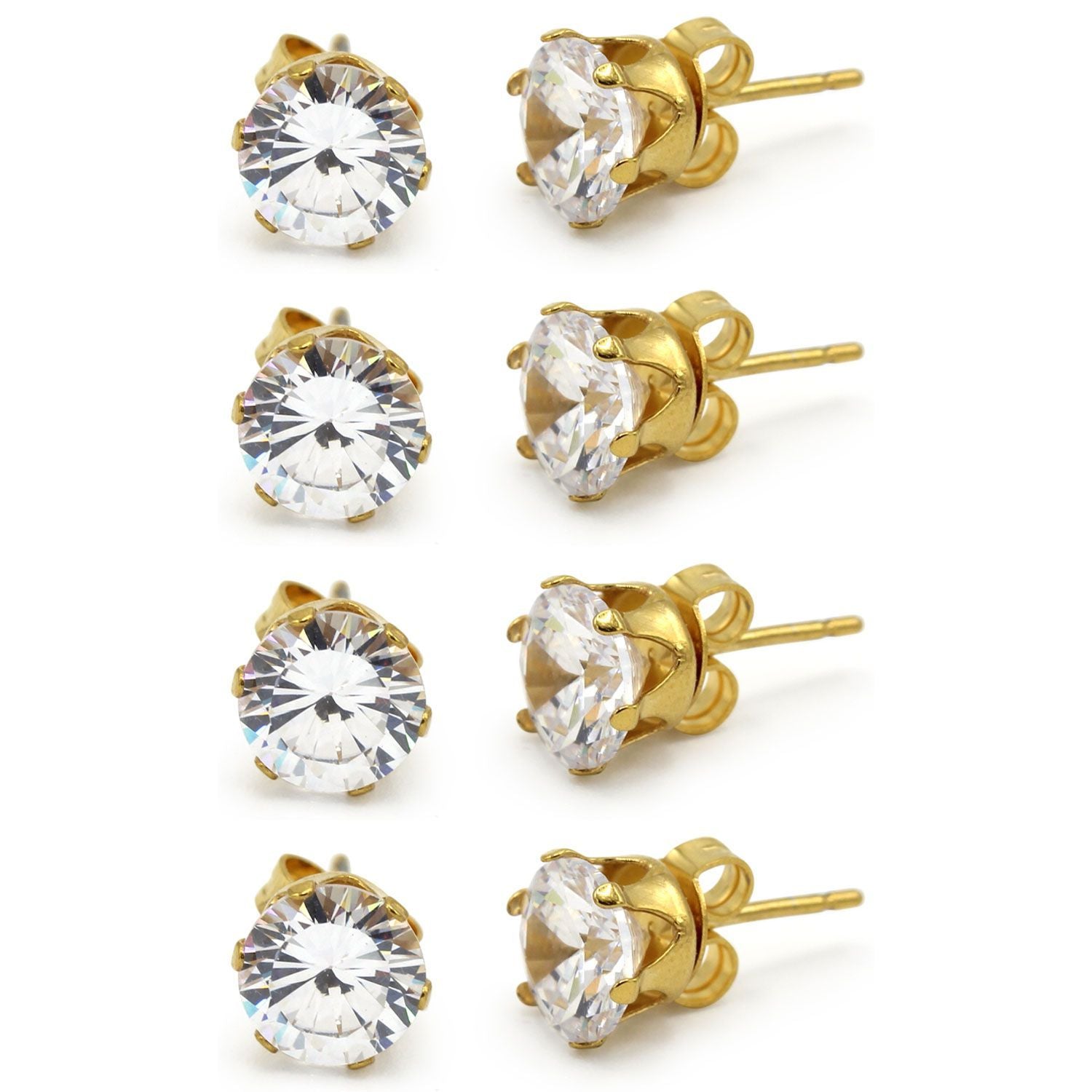 Cubic Zirconia Round 14K Gold Plated Stud Earrings Set Of 4 Stainless Steel Jewelry Men Women