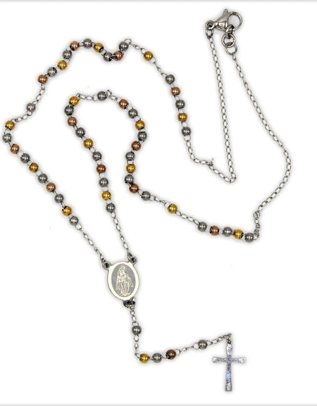 Traditional Tri Tone Rosary Necklace Five Decade Catholic Prayer Beads 3 mm