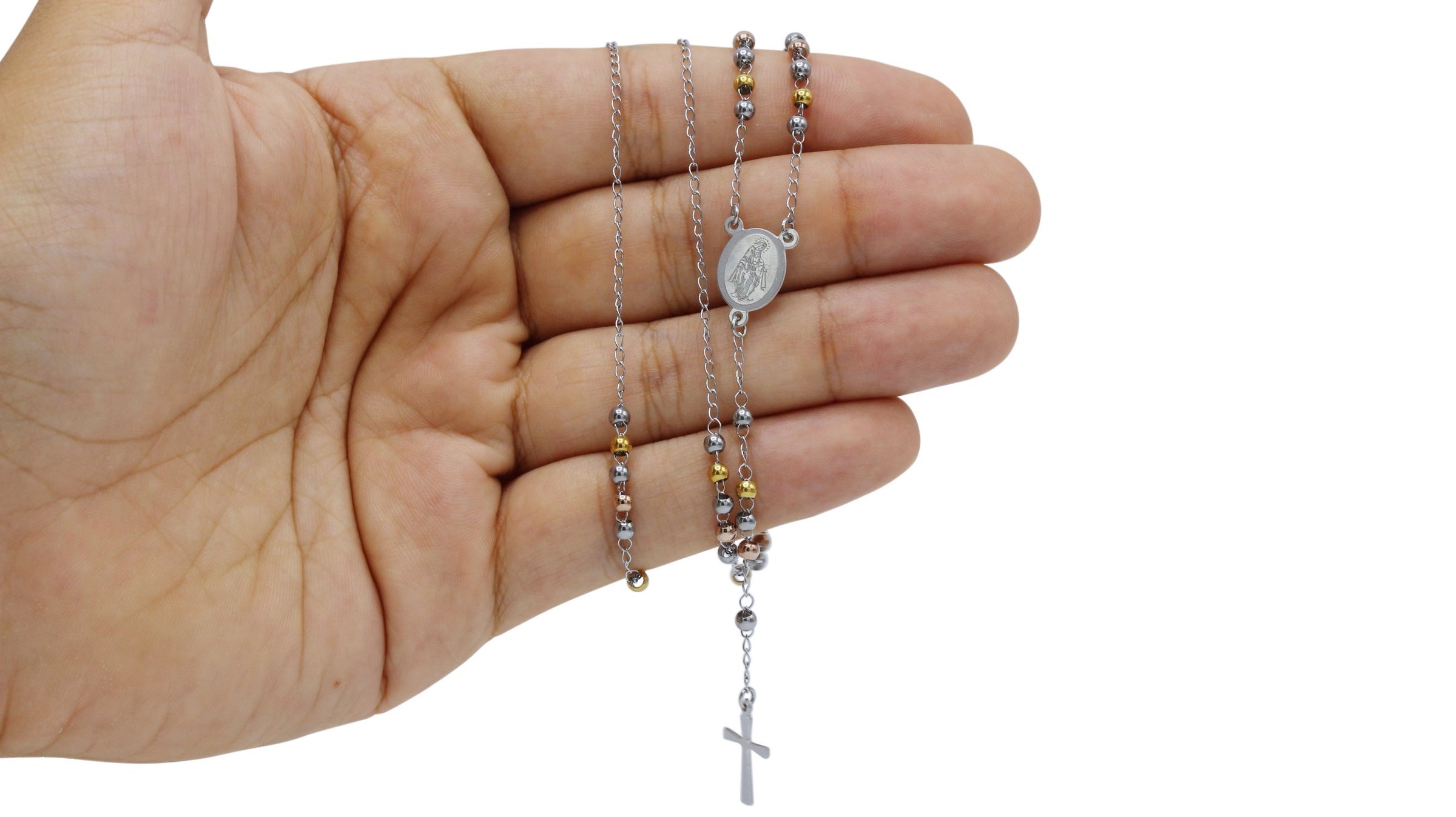 Traditional Tri Tone Rosary Necklace Five Decade Catholic Prayer Beads 3 mm