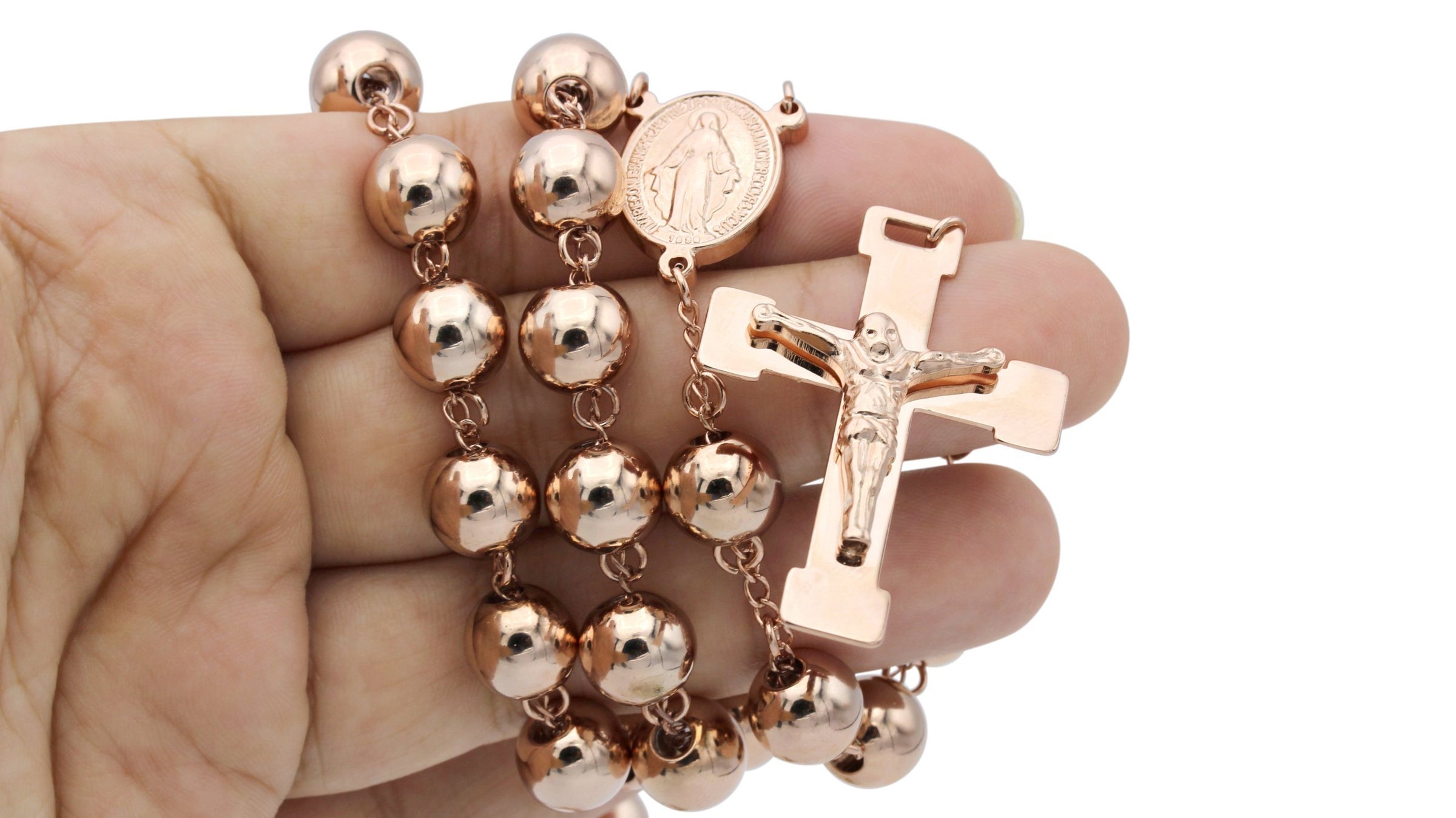 Traditional Rose Gold Rosary Necklace Five Decade Catholic Prayer Beads 10mm
