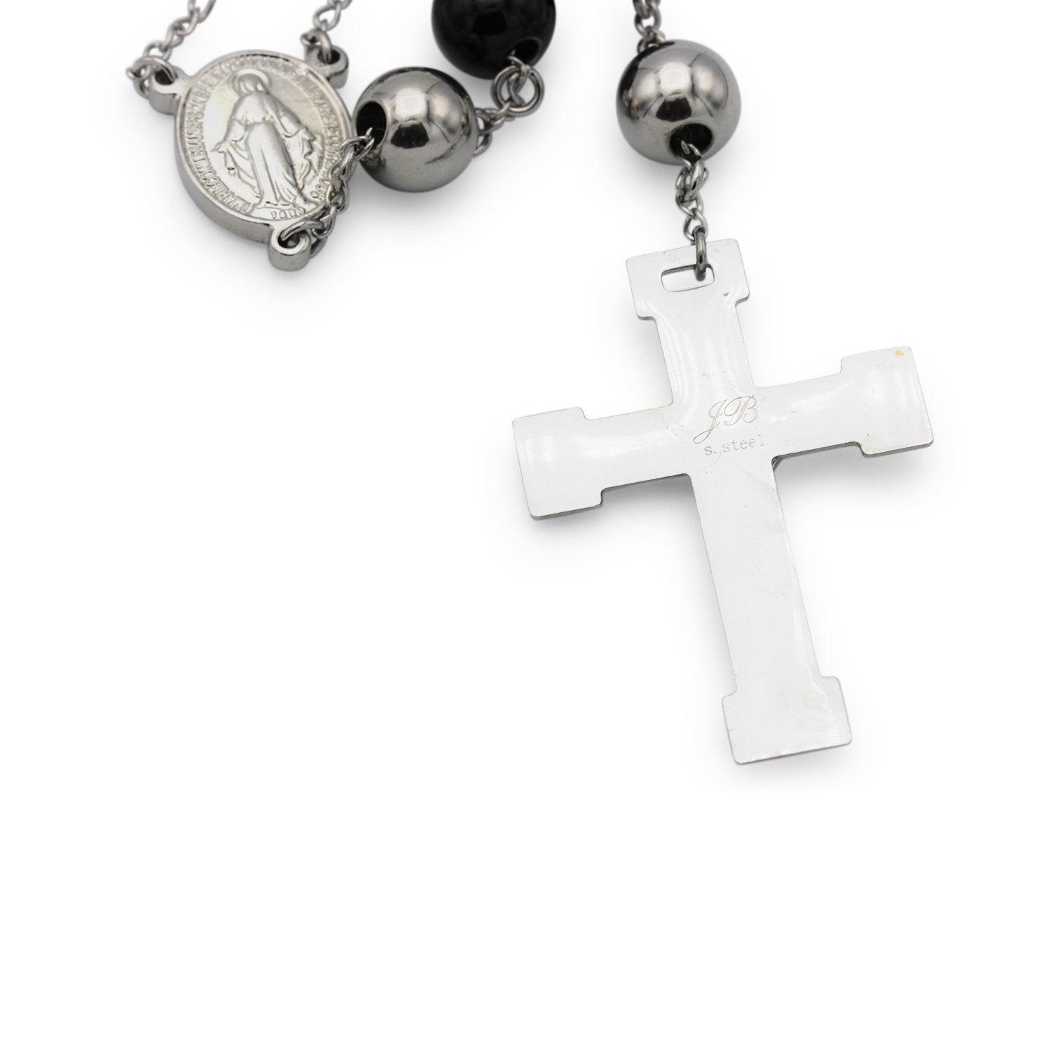 Traditional Rosary Necklace Five Decade Silver Black Catholic Prayer Beads 10 mm